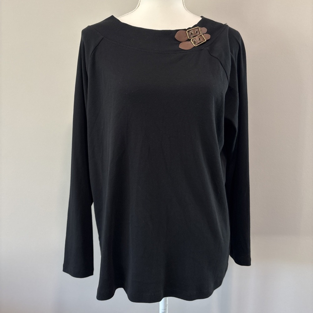 Lauren Ralph Lauren Sweater Womens XXL Black Lightweight Knit Buckles Equestrian